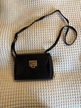 Black Leather Crossbody Shoulder Bag with Gold Hardware